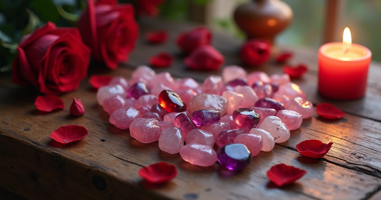 Cristais para amor e proteção arranged sobre mesa de madeira com vela acesa