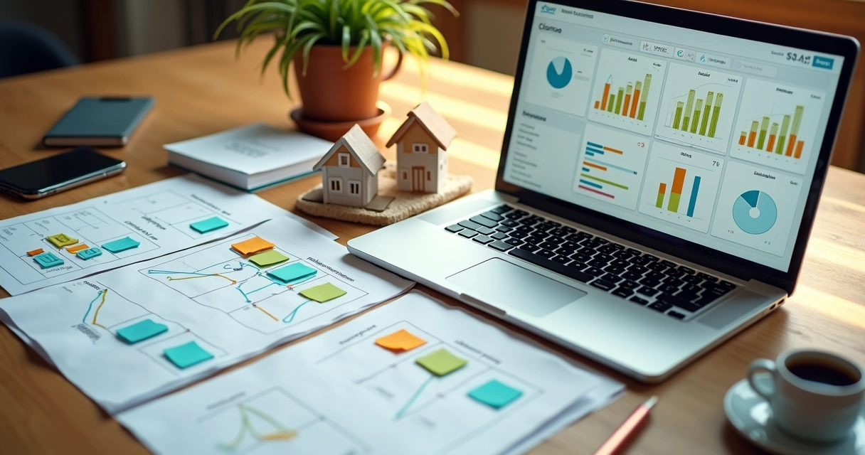 Mesa com kanban de CRM impresso, miniaturas de casas e notebook aberto com gráficos de vendas 