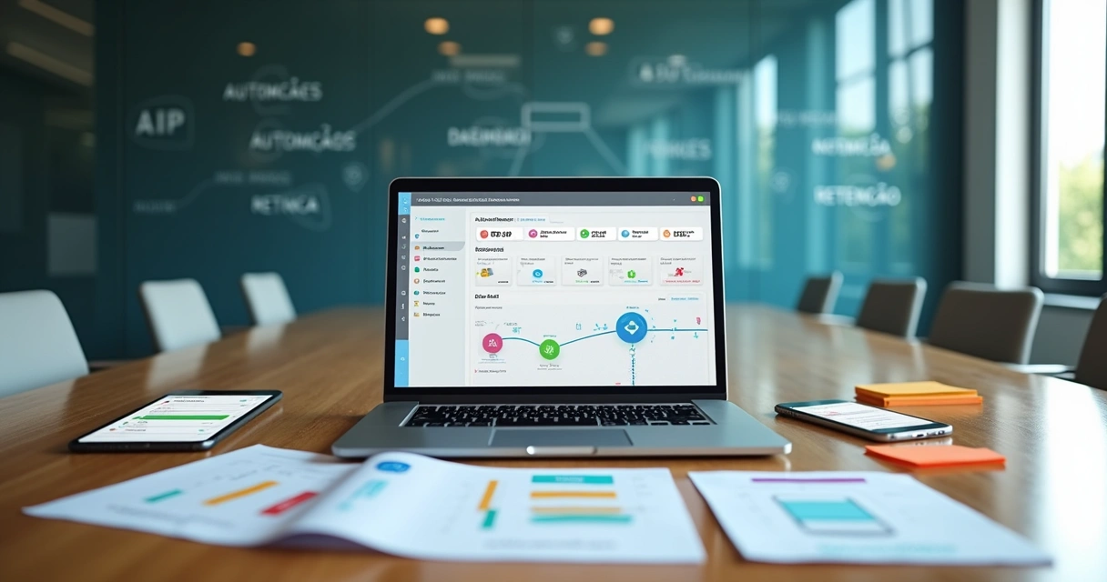 Mesa com computador exibindo painel de CRM integrado a canais de atendimento 