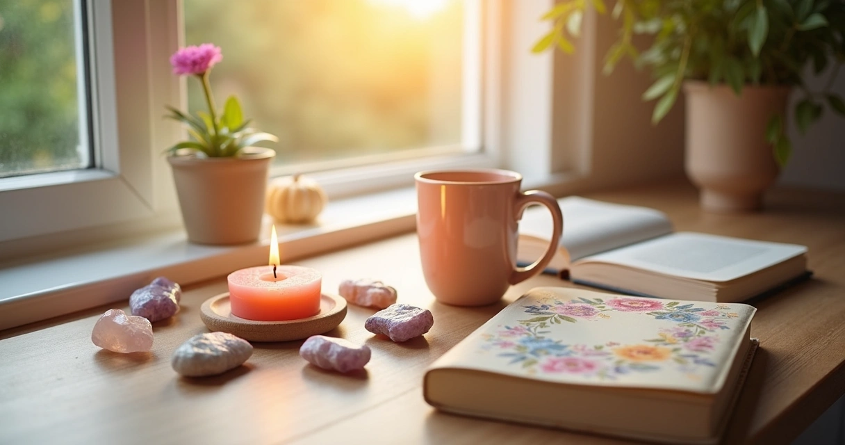 Mesa com objetos coloridos para ritual matinal 