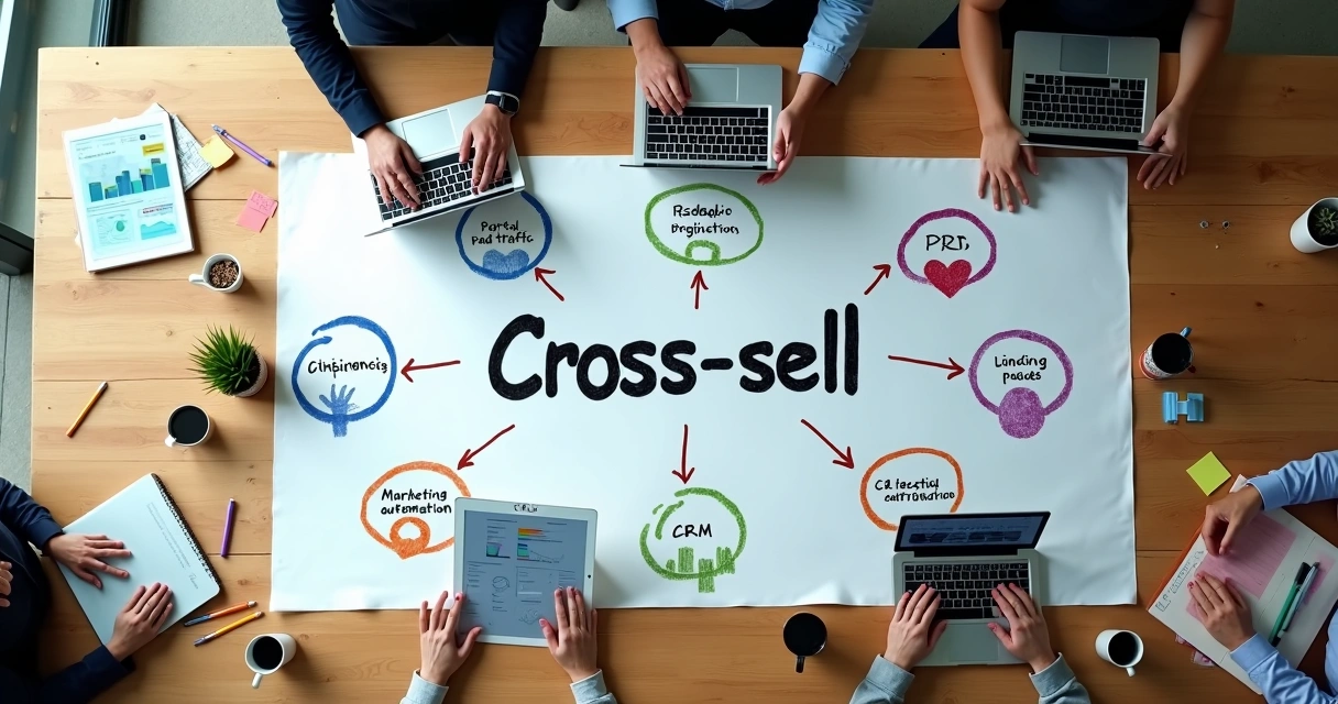 Mesa de agência digital com diagrama de cross-sell ligado a vários serviços complementares 