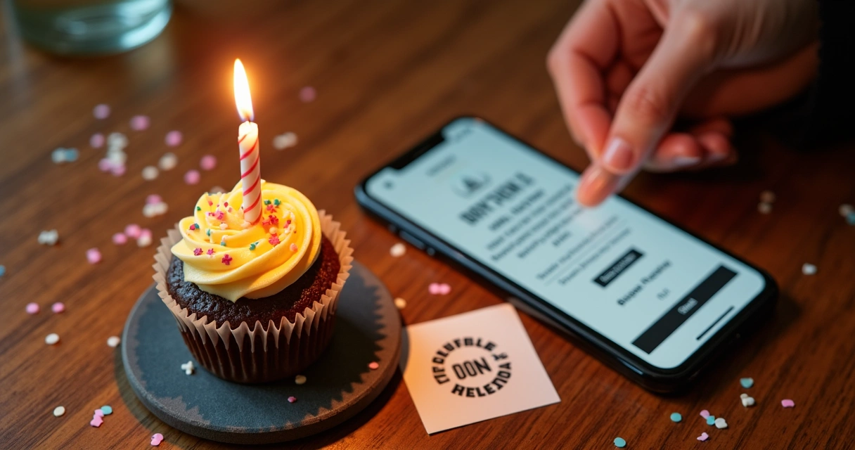 Mesa de restaurante com cupcake e cupom de aniversário no celular.