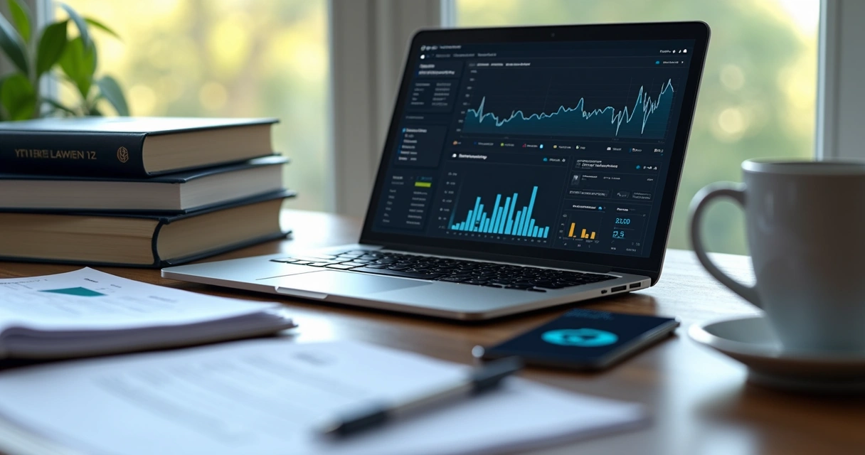 Mesa de advogado com notebook, livros e celular.