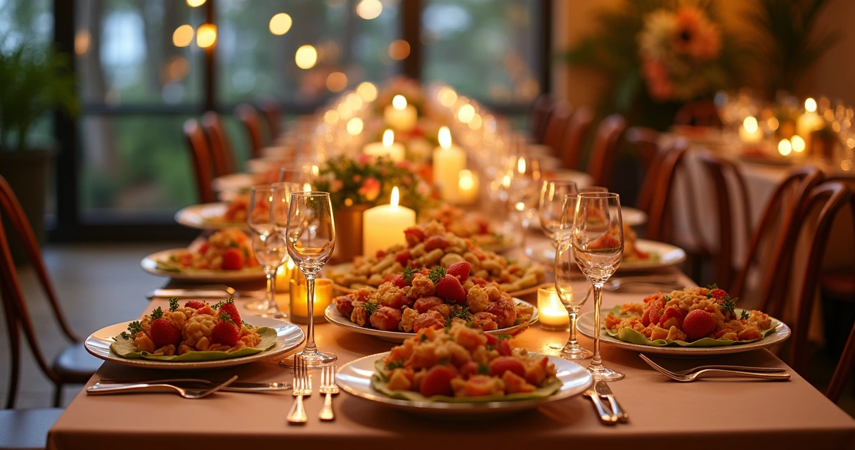 Buffet decorado para festa, crepes e sobremesas em mesa elegante 