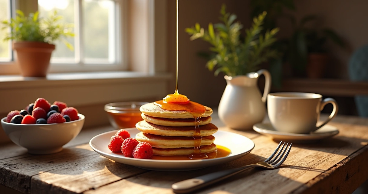 Mesa de café da manhã com panquecas, xarope de bordo e frutas 