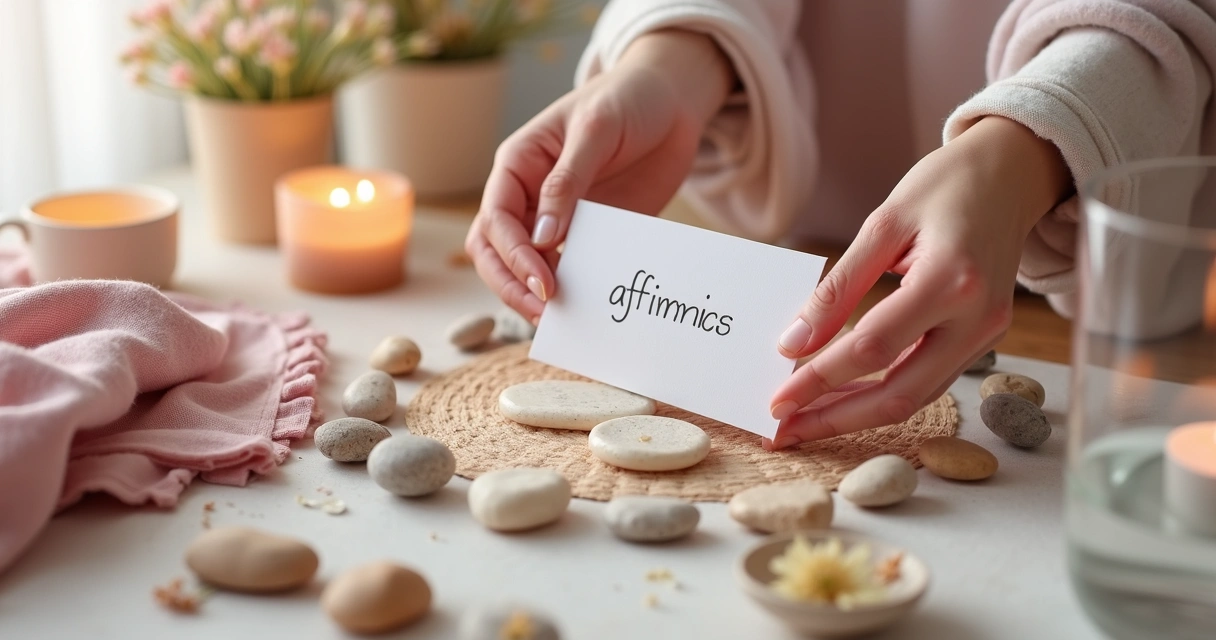 Mesa organizada com cartas afirmativas e acessórios esotéricos 