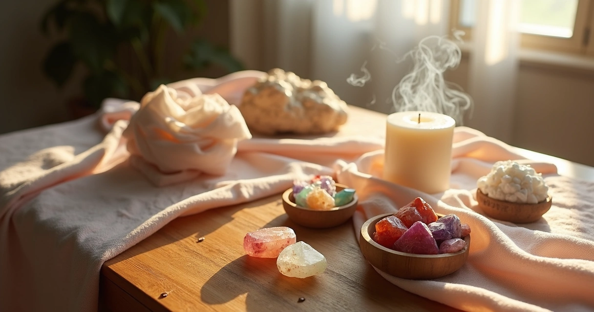 Mesa com cristais e incensos para limpeza energética 