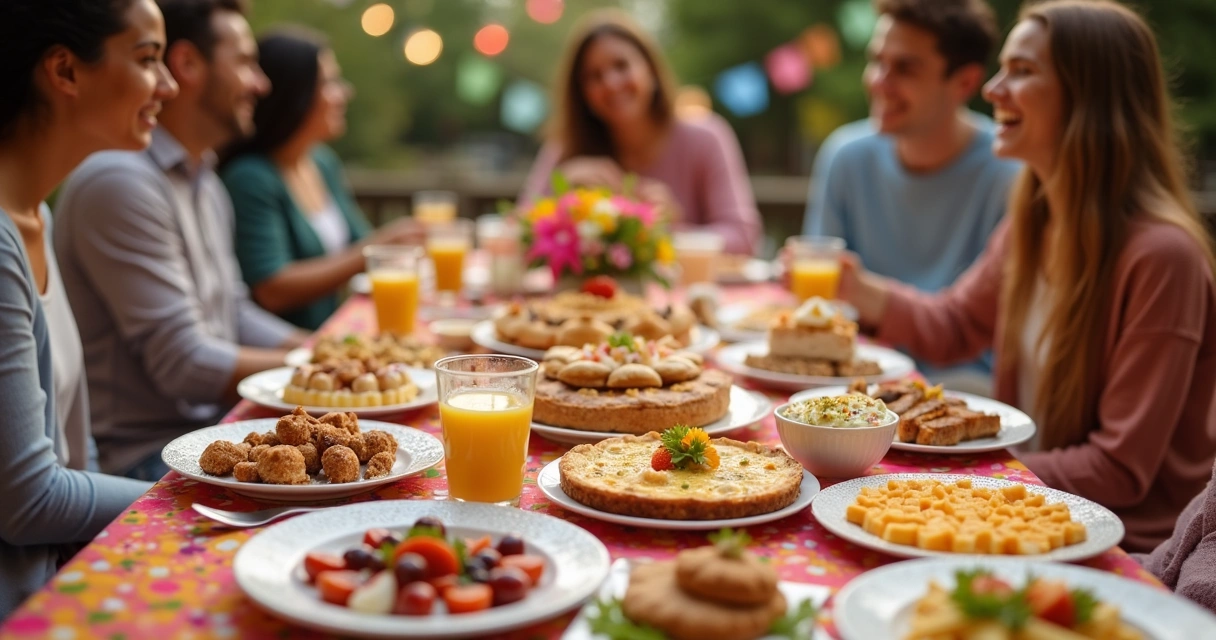 Mesa com doces variados e salgadinhos em festa, alguns pratos sinalizados como sem lactose 