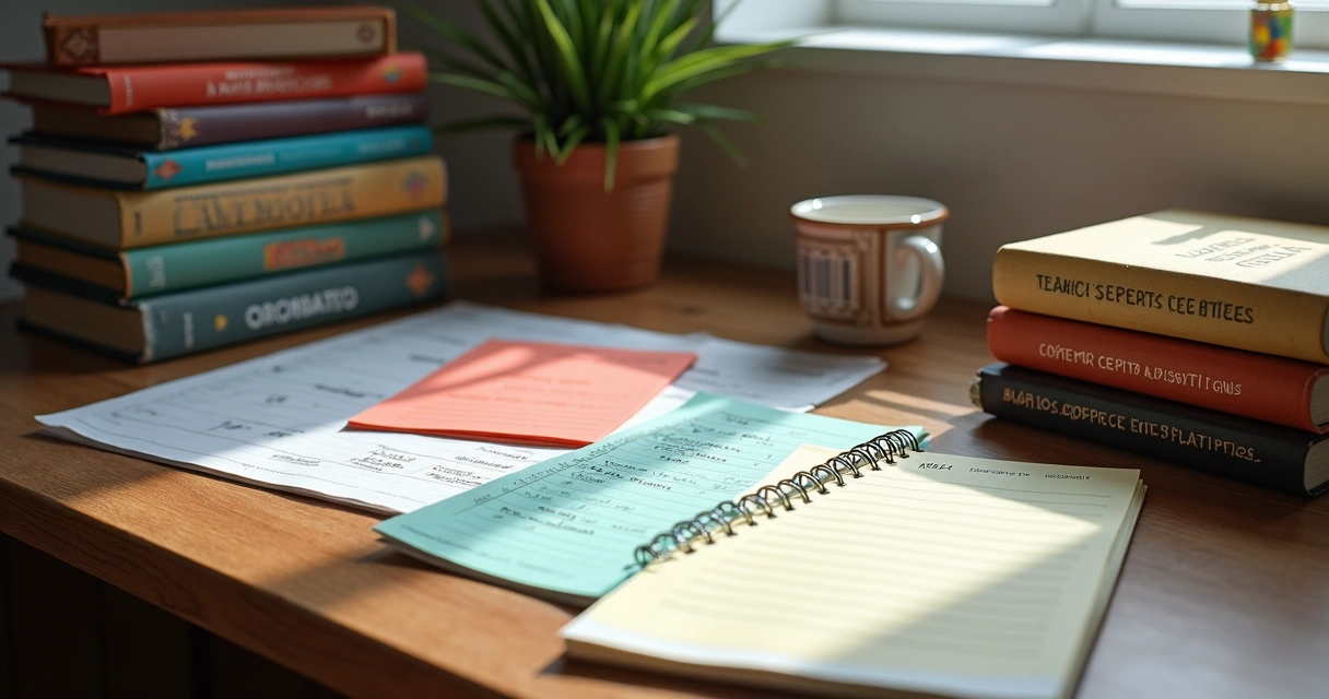Material de estudo organizado em mesa com calendário e livros de concursos policiais 