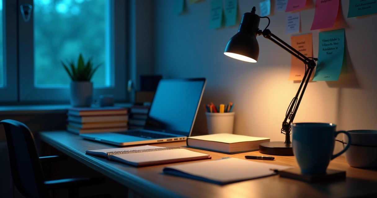 Mesa de estudos organizada com livros e luminária acesa