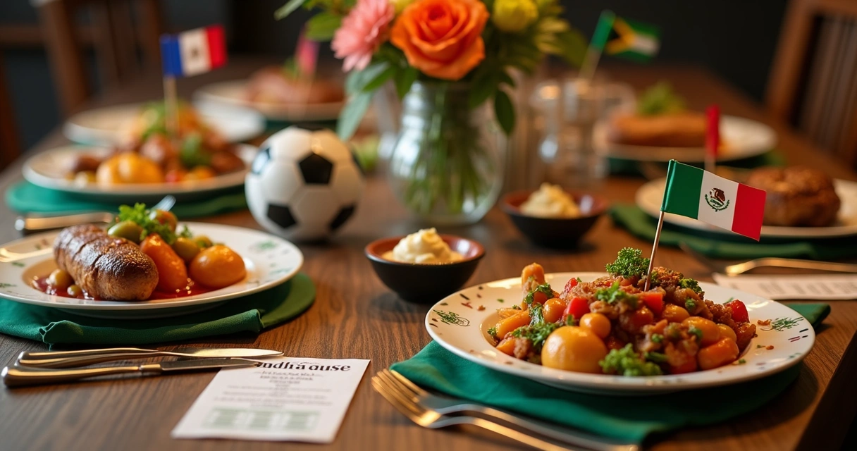 Detalhe de mesa de jantar com pratos de quatro países e decoração temática 
