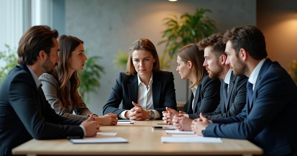 Mesa de negociação com várias pessoas focadas e expressando diferentes emoções 