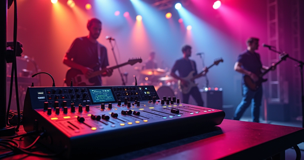 Mesa de som em uso durante evento musical profissional 