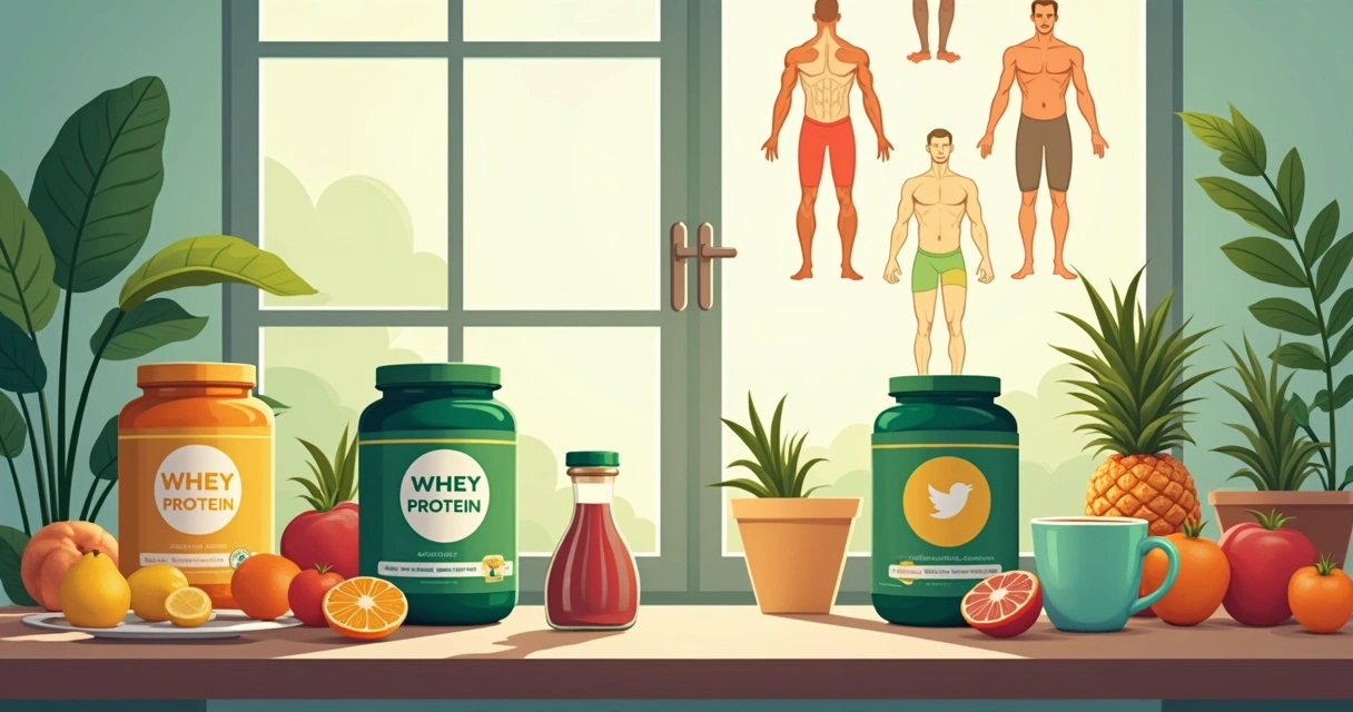 Disposição de suplementos, frutas, vegetais e itens de trabalho em uma mesa, representando a personalização da suplementação.