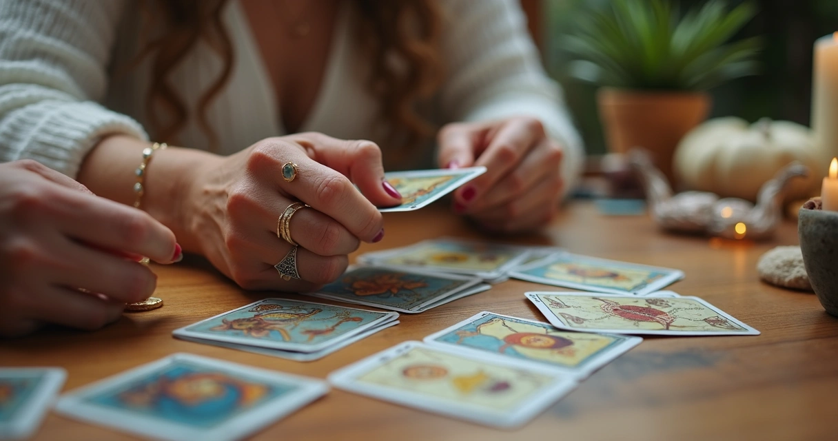 Detalhe das mãos femininas embaralhando cartas de tarô. 