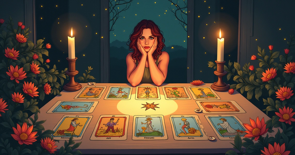 Mesa de Tarot com cartas dispostas, flores e velas, criando um ambiente de autoconhecimento e introspecção.