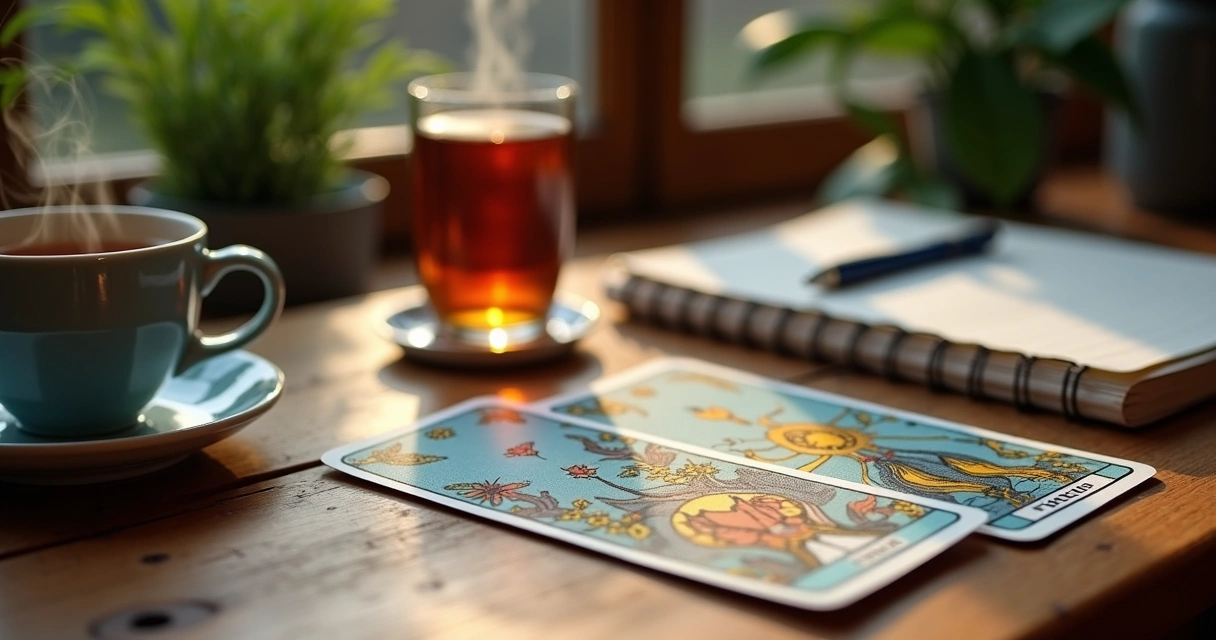 Cartas de tarot abertas em uma mesa, ao lado de um caderno e caneta. 
