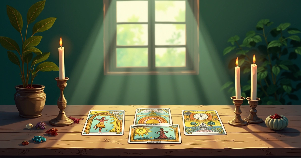 Cartas de Tarot dispostas em uma mesa de madeira com luz suave, plantas e velas ao fundo em um ambiente sereno.