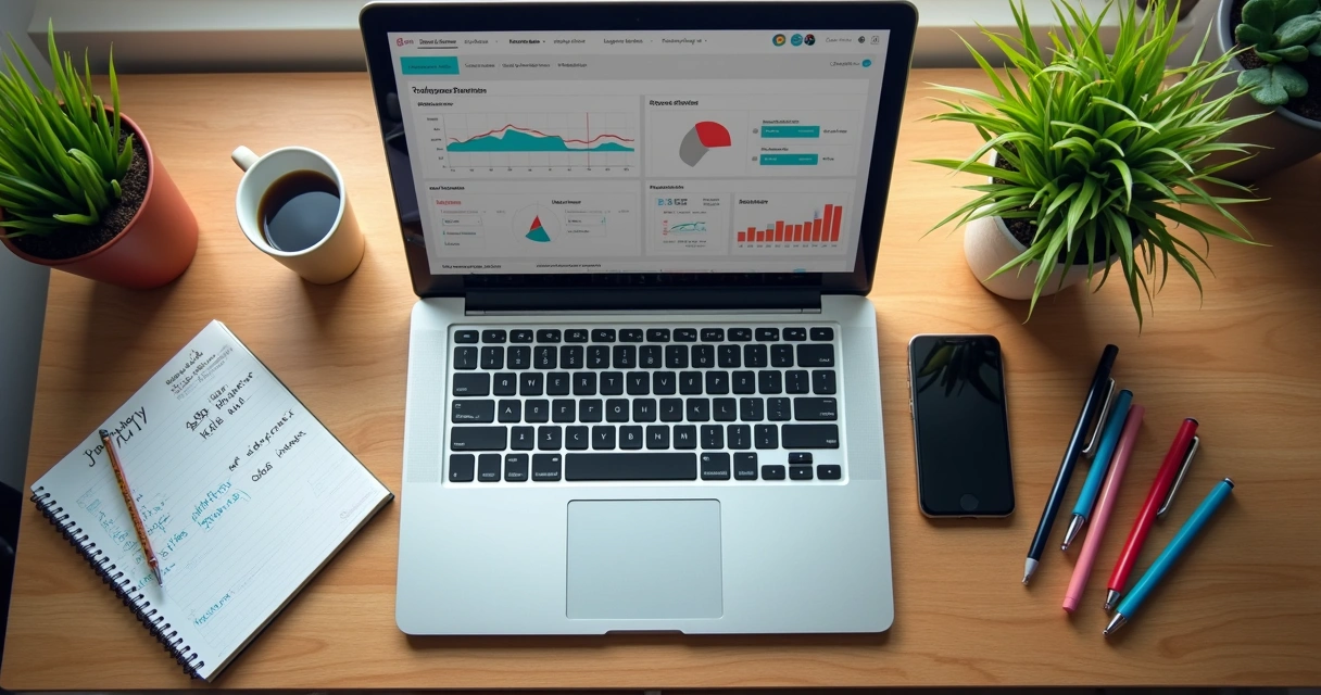Mesa de trabalho com anotações e notebook aberto exibindo gráficos de inbound marketing 
