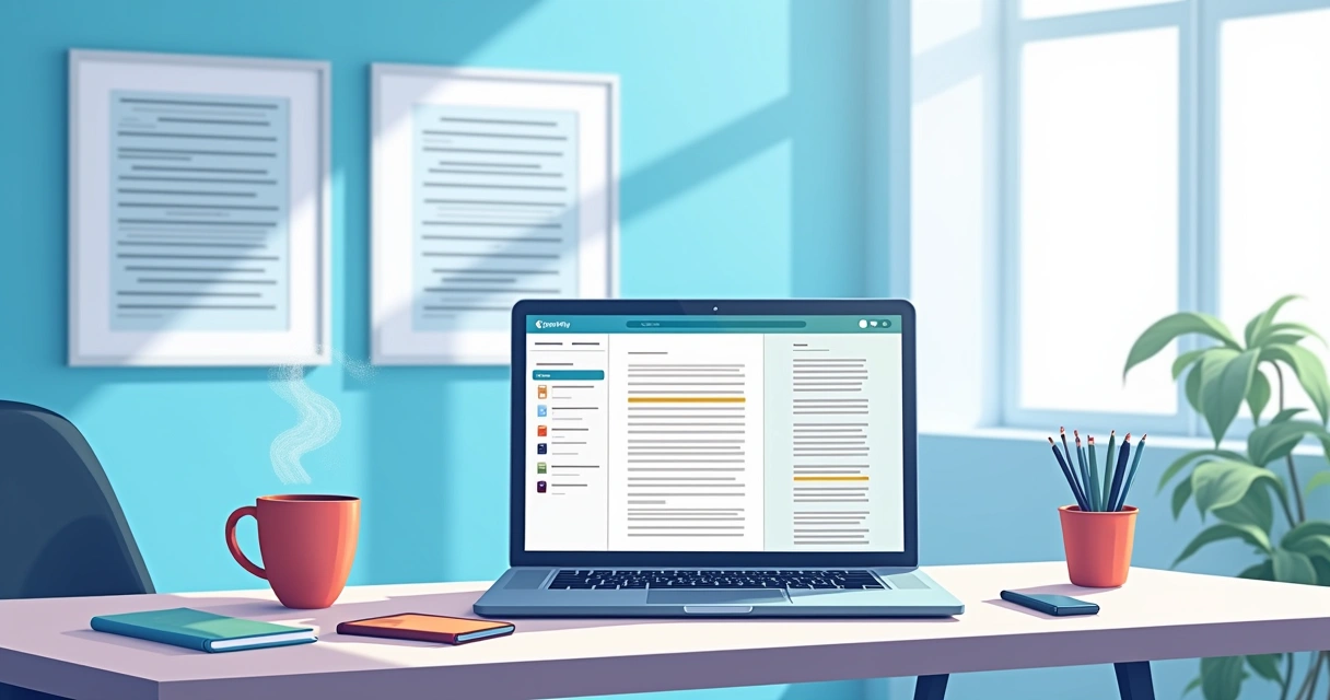 Uma mesa de trabalho com um laptop mostrando Grammarly, caneca de café e anotações em um ambiente criativo.
