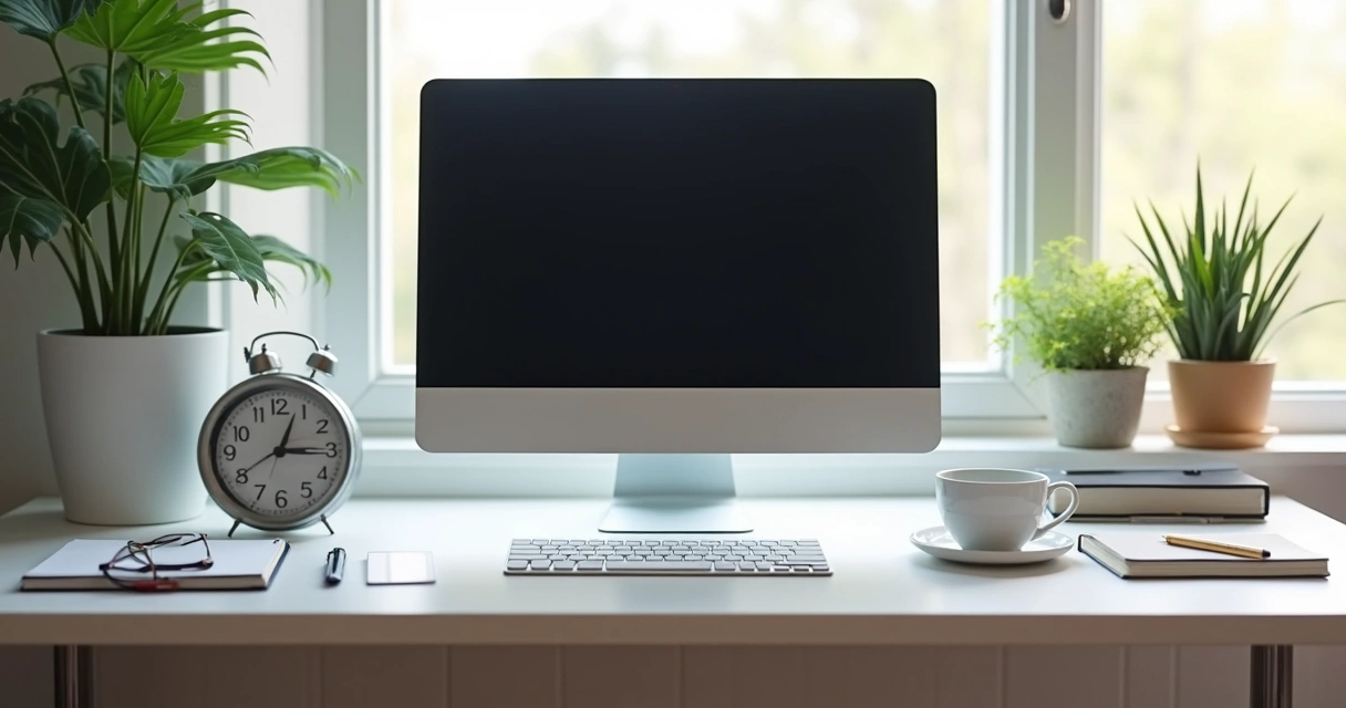 Mesa de escritório com itens organizados e luz natural 