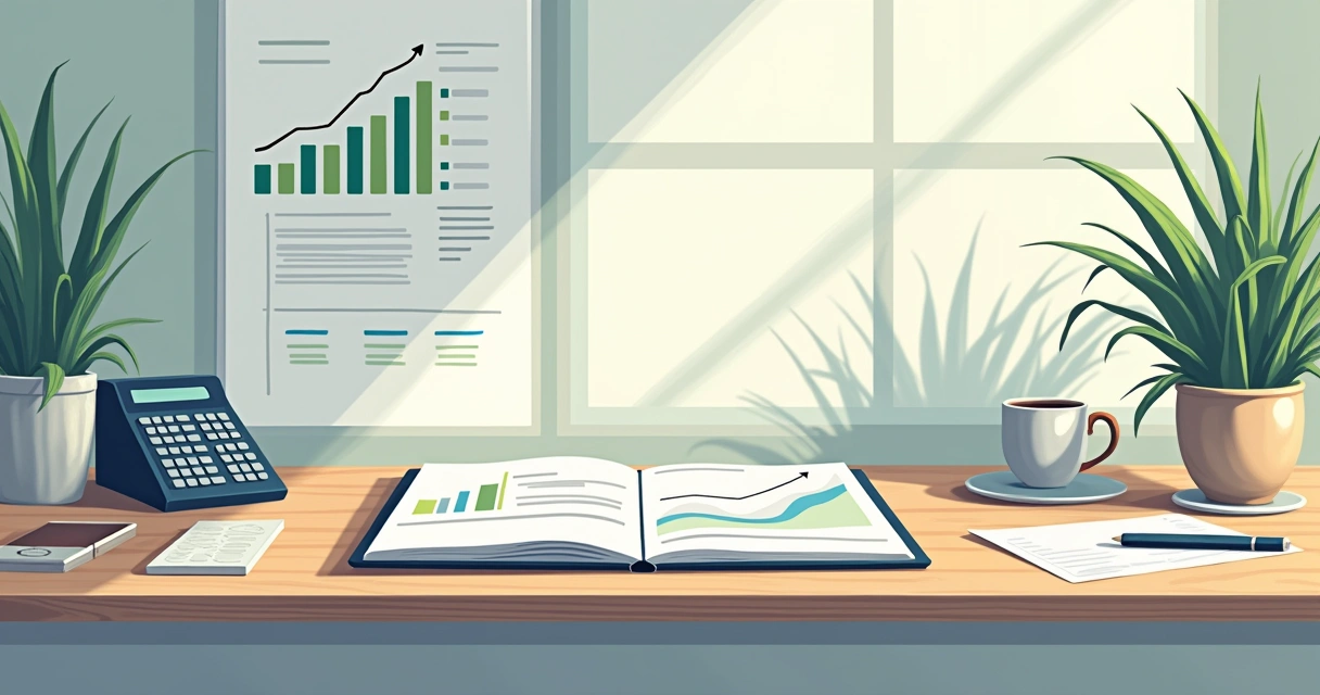 Mesa de trabalho com caderno, calculadora, gráficos financeiros em ambiente moderno.