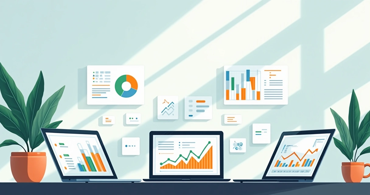 Mesa de trabalho com laptops exibindo softwares de gestão e gráficos comparativos em ambiente moderno.