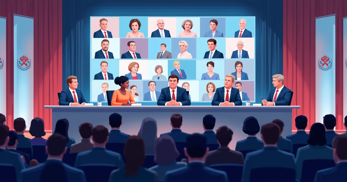 Mesa de debate em evento híbrido político, com palestrantes presenciais e telão de participantes online