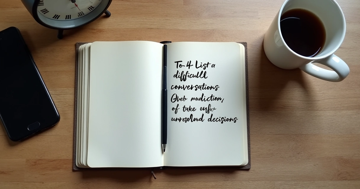 Caderno com lista de decisões ao lado de relógio e celular em mesa de trabalho 