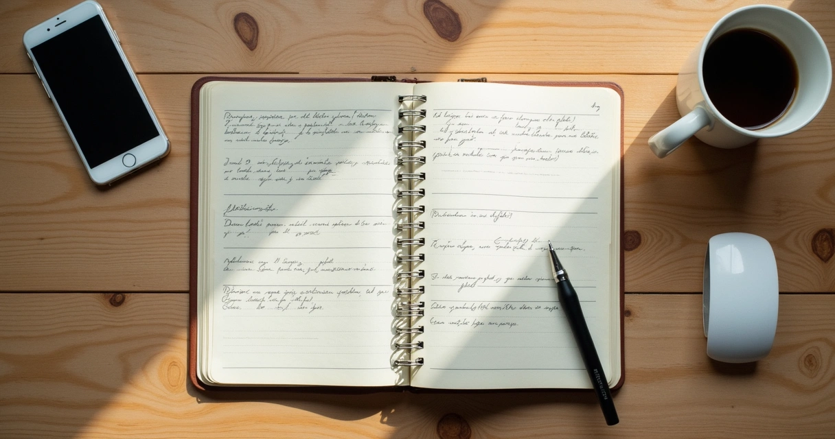 Caderno com anotações, café e celular sobre mesa de trabalho 