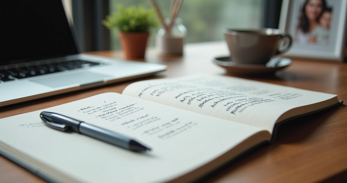 Caderno com escolhas de carreira sobre mesa de trabalho