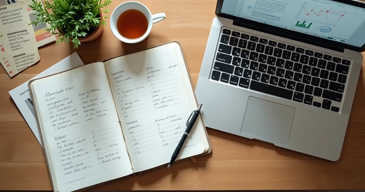Caderno com plano de carreira, laptop e xícara em mesa de madeira 