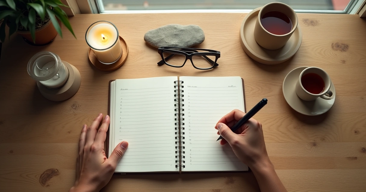 Pessoa escreve em caderno rodeada por símbolos sutis de reflexão espiritual 