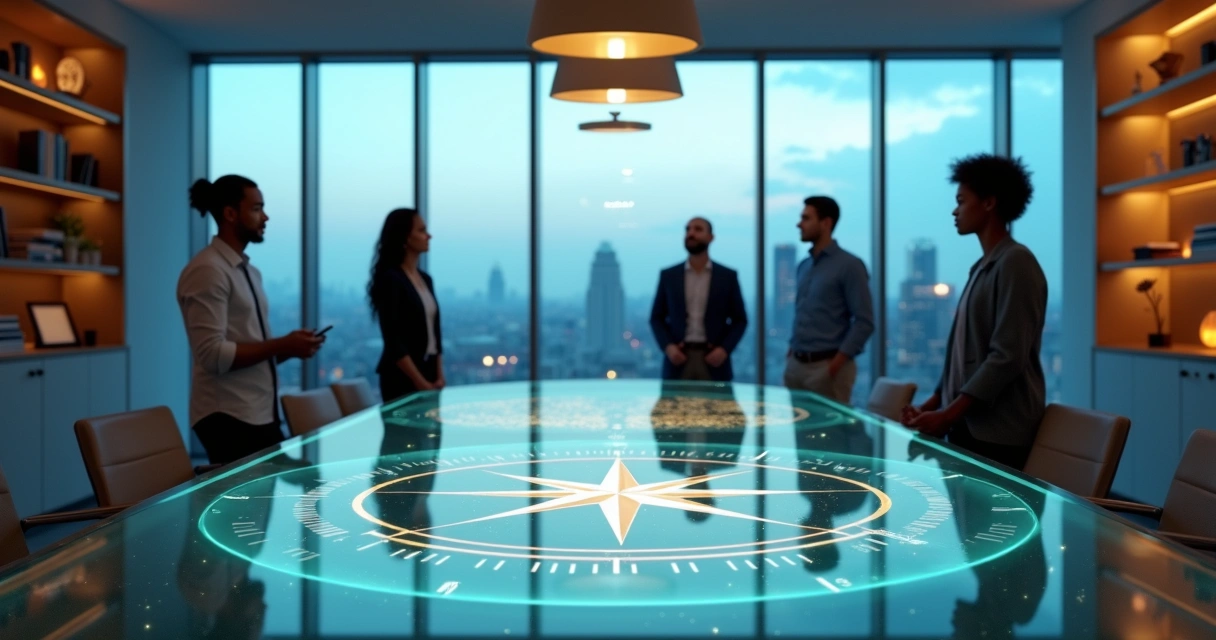 Sala de reunião moderna com mesa espelhando bússola e códigos éticos 