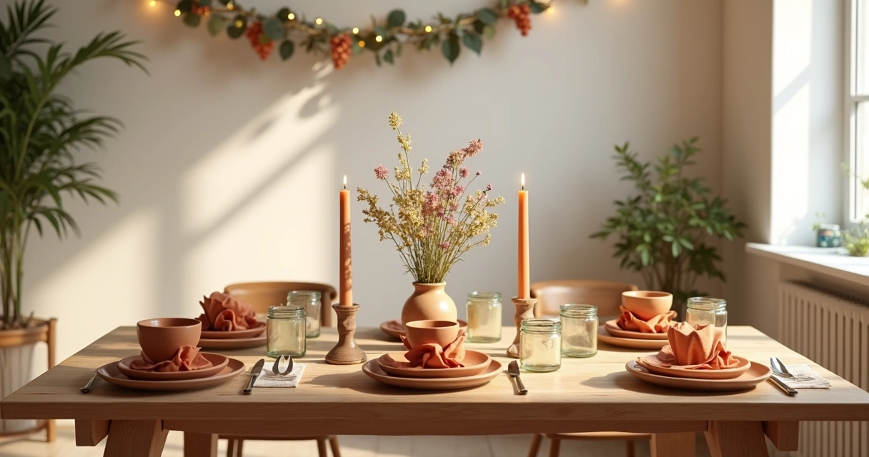Mesa pequena decorada com elementos naturais e detalhes em cores terrosas 