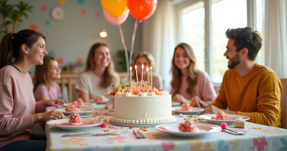 Mesa decorada para festa de aniversário com bolo e balões coloridos 
