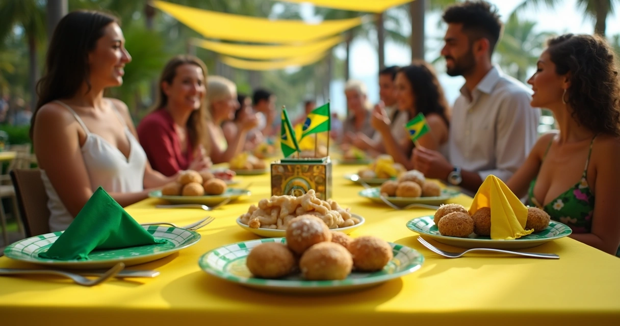 Mesa decorada com tema Brasil em festa casual na Flórida 