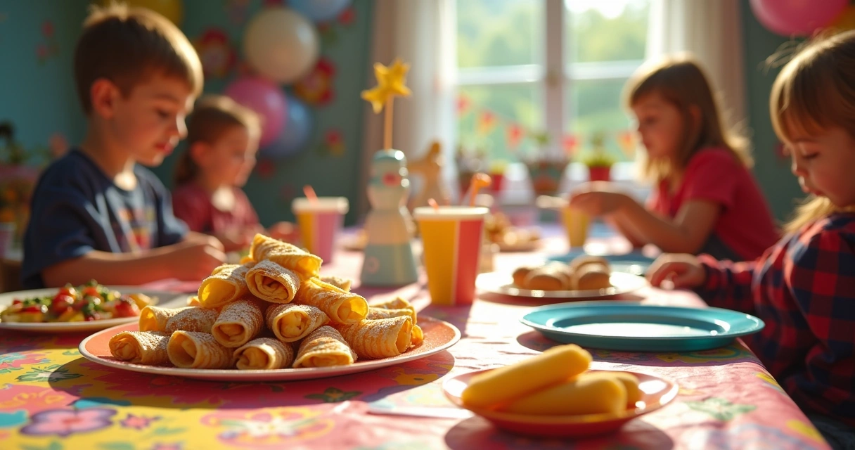 Mesa decorada para festa infantil com crepes e personagens temáticos 