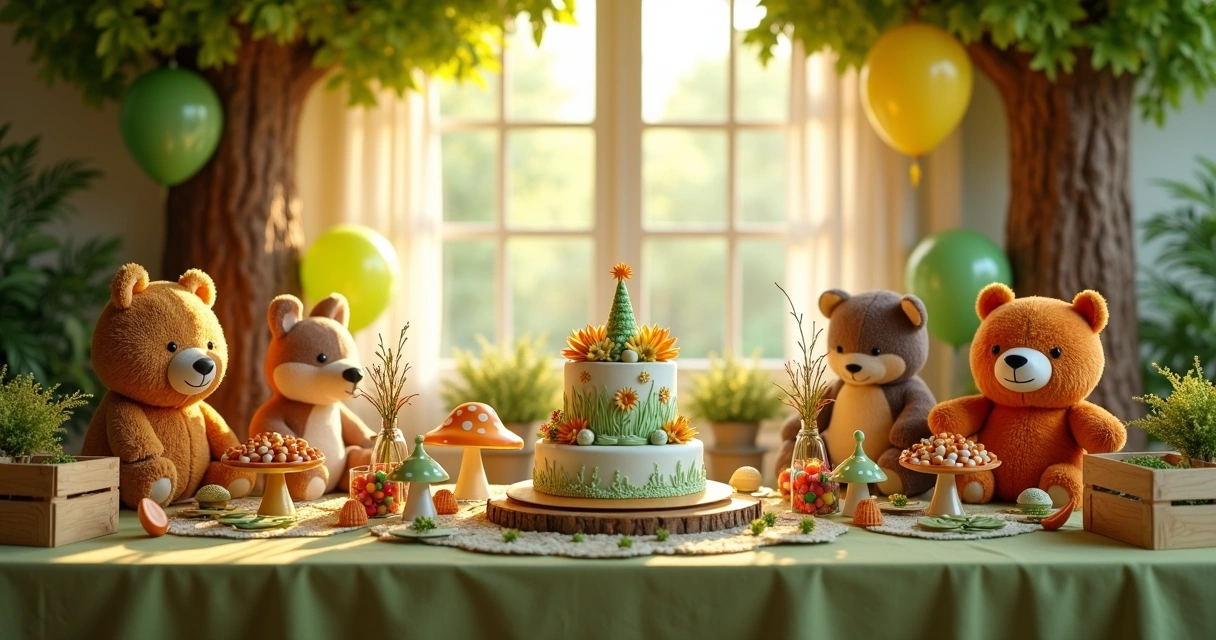 Mesa temática de aniversário infantil decorada com elementos de floresta e animais de pelúcia 