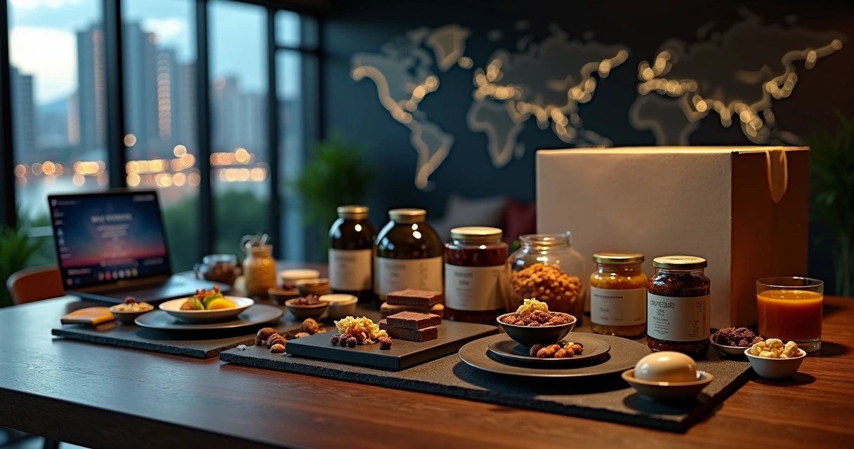 Mesa gourmet com produtos brasileiros de fancy food preparados para exportação 