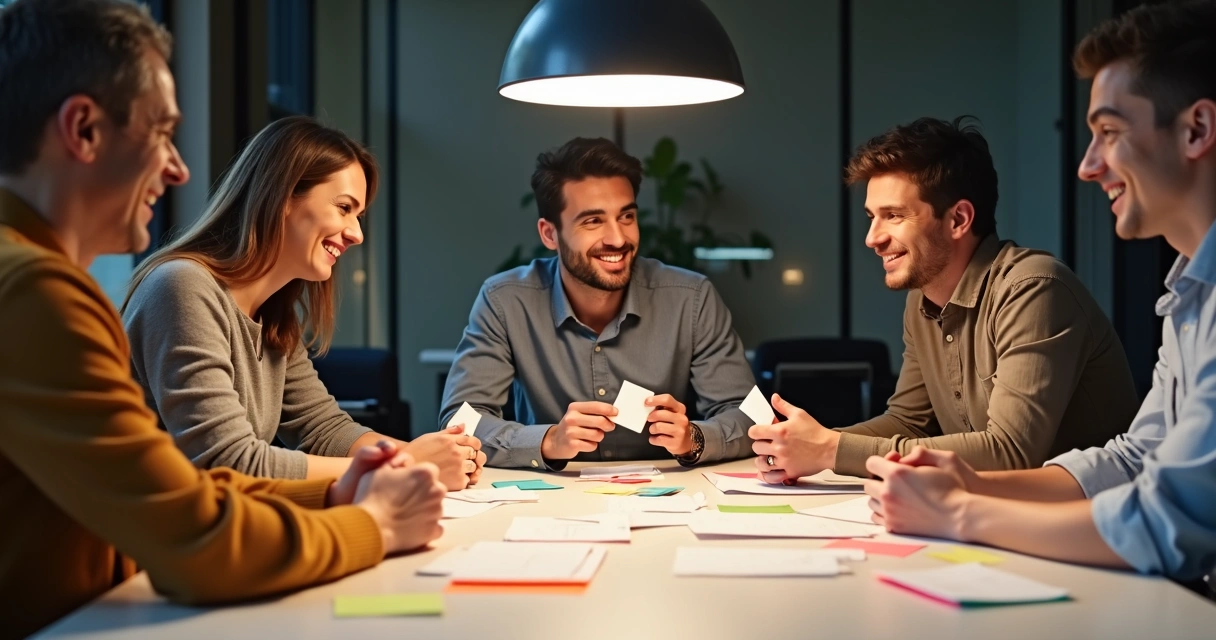Equipe colaborando em mesa, compartilhando desafios e conquistas