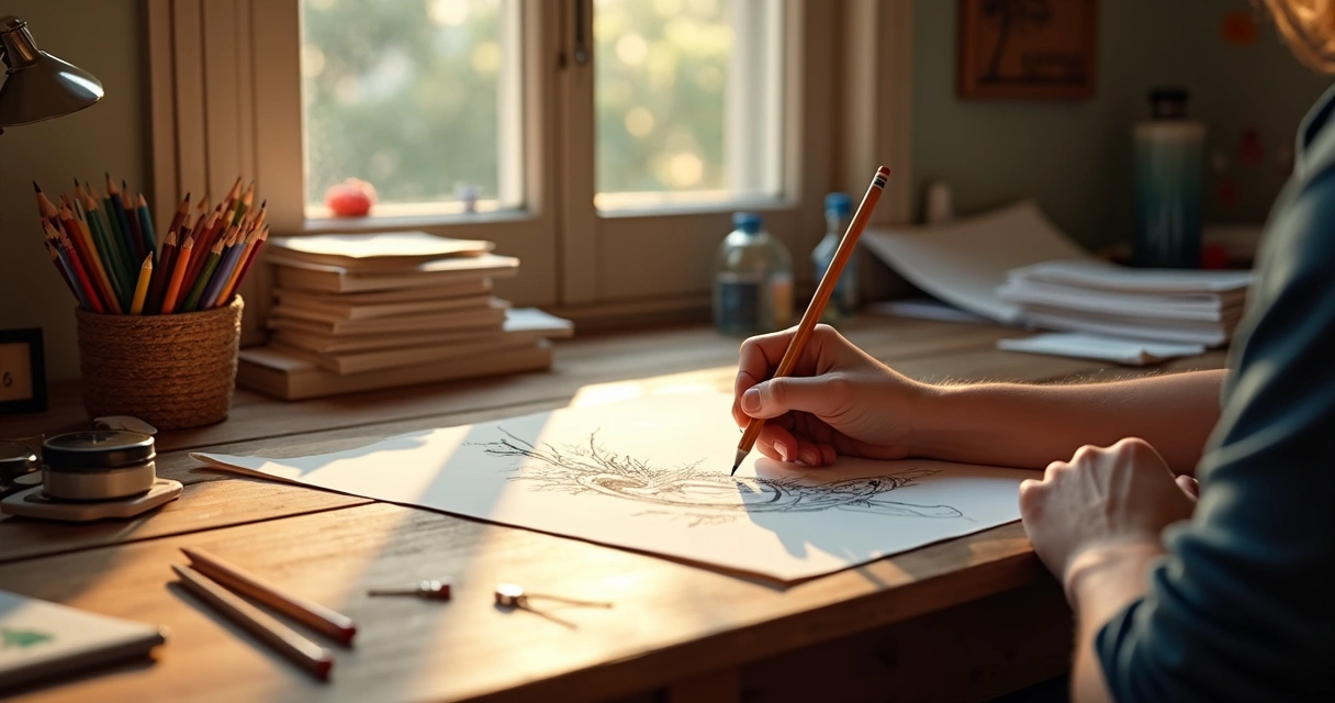 Mesa de desenho animado com mão desenhando 