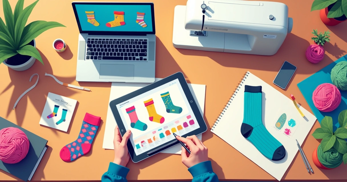 Mesa de design com computador, tablet, lápis e protótipos de meias 