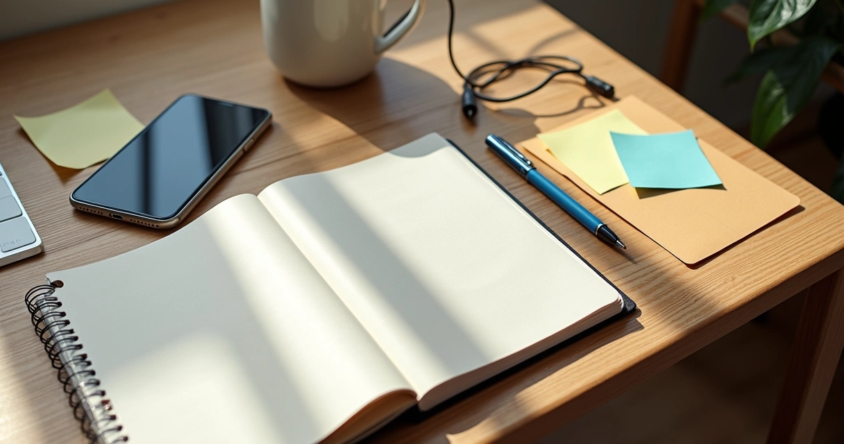 Escritorio desordenado con agenda y móvil