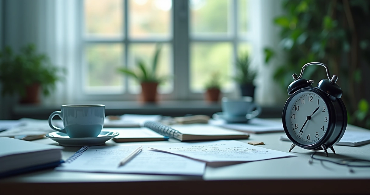 Cenário de uma mesa de trabalho desorganizada com café, papéis e caderno aberto, simbolizando desafios diários.