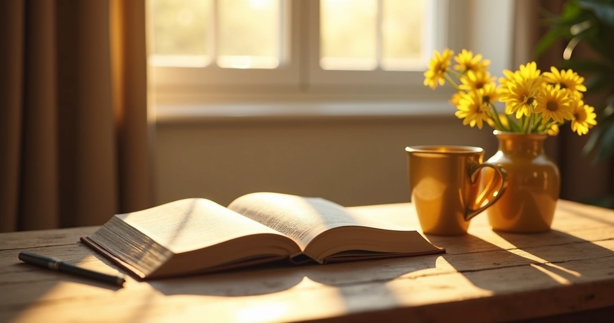 Mesa com devocional, caderno, e café em ambiente acolhedor 