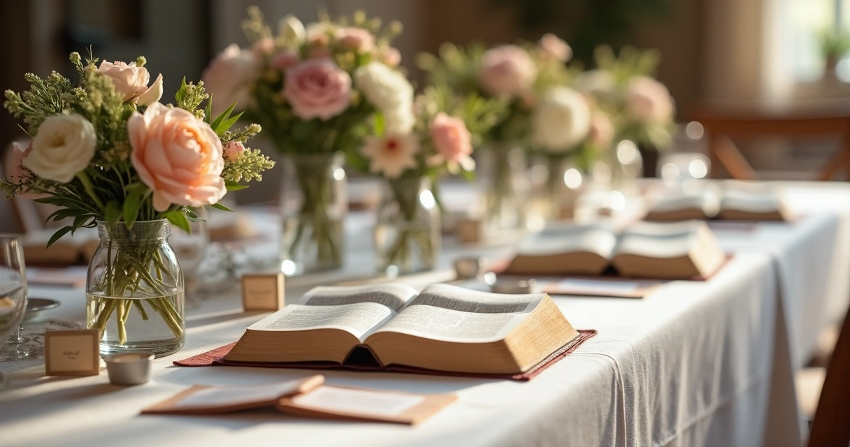 Mesa decorada com bíblias, flores e cartões de reflexão para um devocional feminino