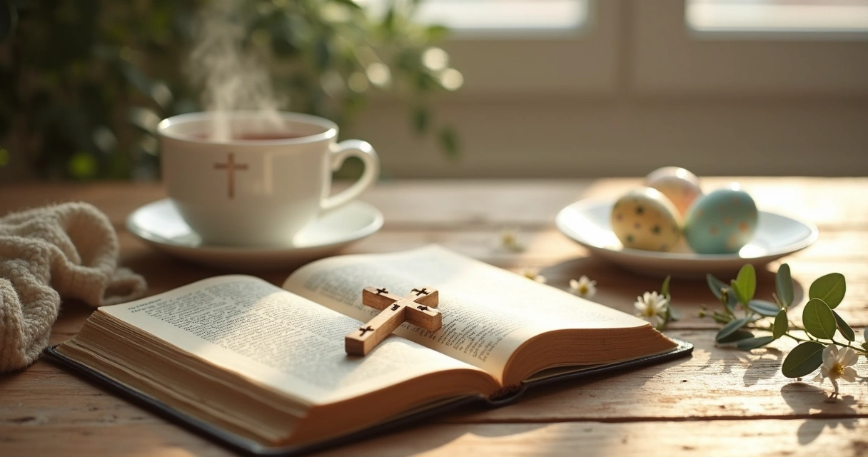 Mesa de Páscoa simples com Bíblia aberta, cruz de madeira e ovos decorados 