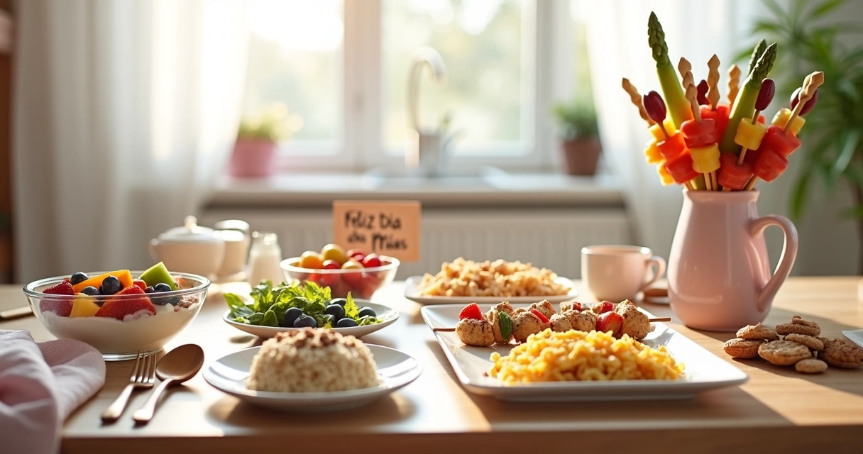 Mesa posta com café da manhã de iogurte e frutas ao lado de jantar simples para o Dia das Mães 