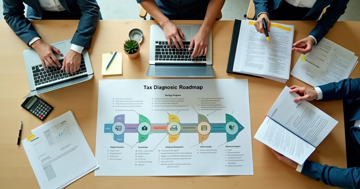 Gestores analisando mapa visual de diagnóstico tributário sobre mesa de reunião 